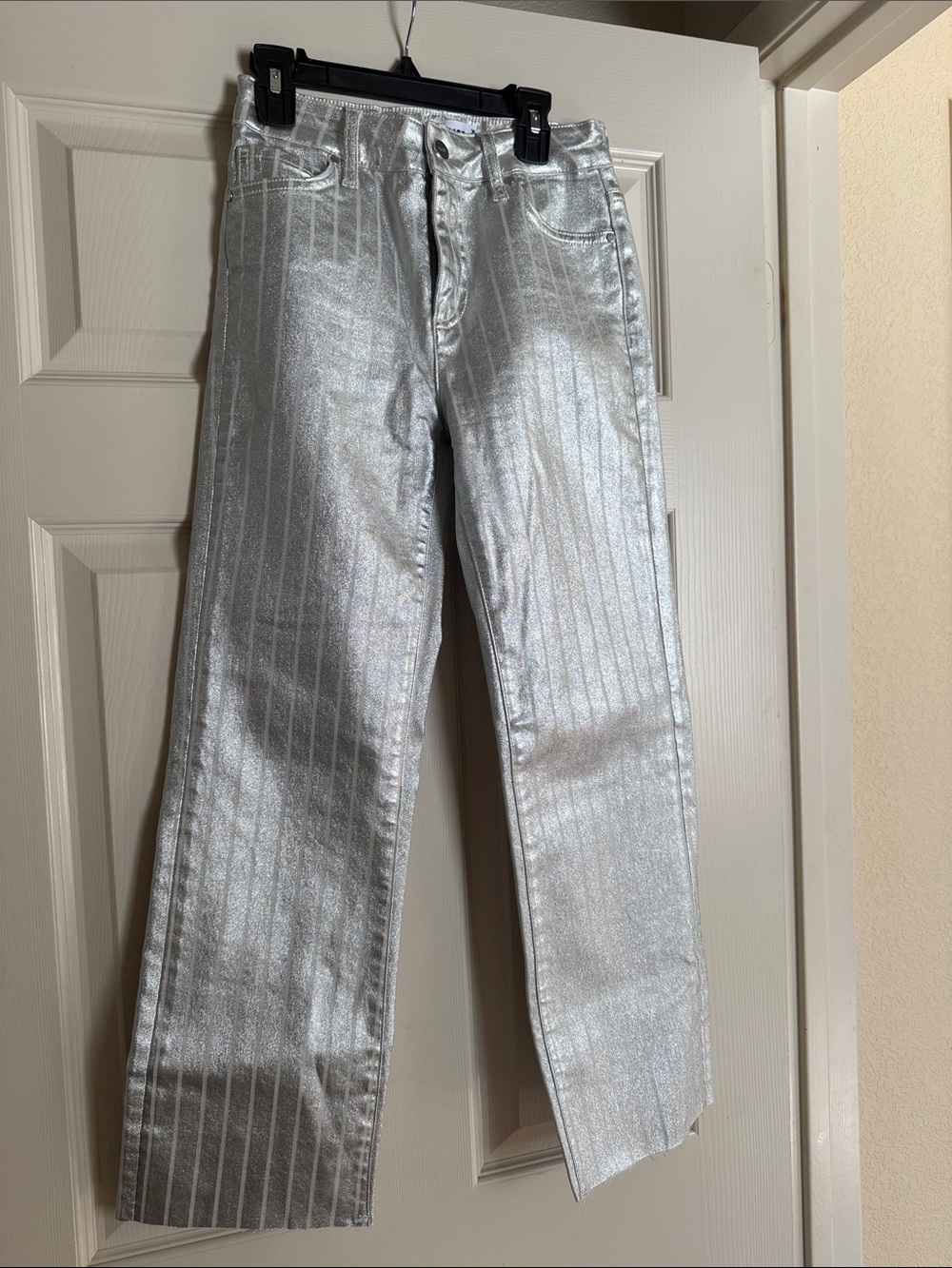 PAIGE Metallic Silver Cropped Jeans